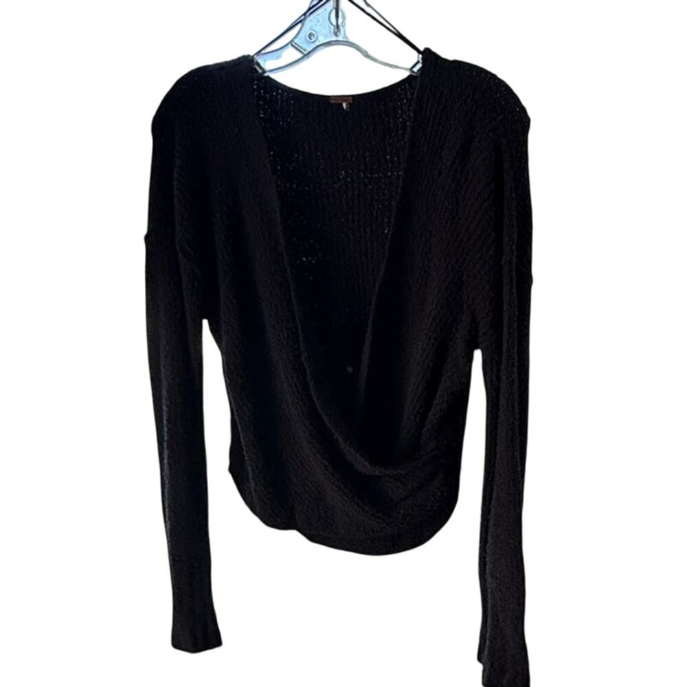 Free People FP One Black Surplice Bell Sleeve Sweater Boho Knit V-Neck Medium